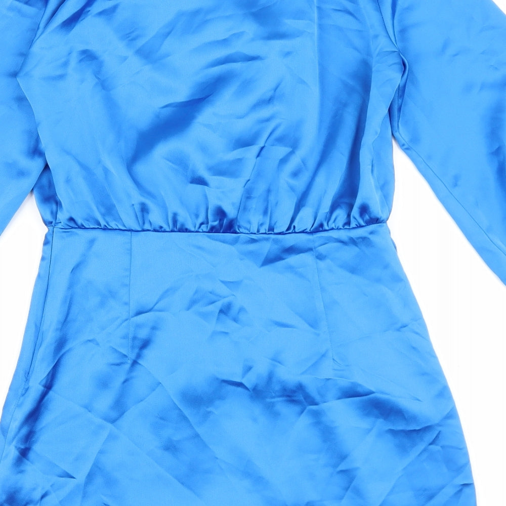 Zara Womens Blue Polyester Sheath Size S V-Neck Zip