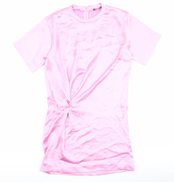 Zara Womens Pink Polyester T-Shirt Dress Size XS Round Neck Zip