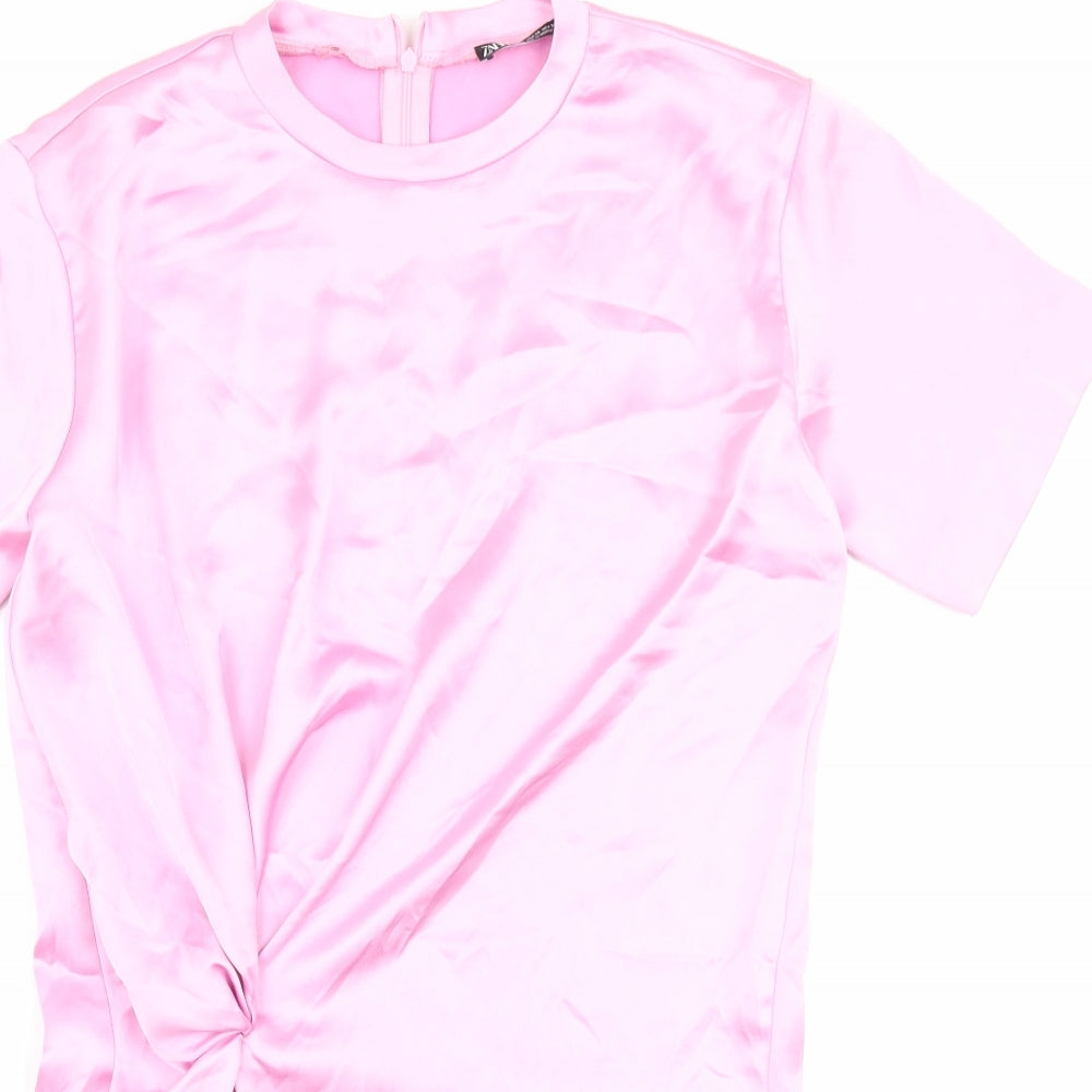 Zara Womens Pink Polyester T-Shirt Dress Size XS Round Neck Zip
