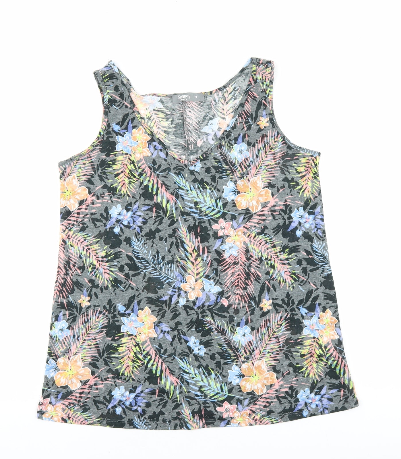 Nutmeg Womens Grey Floral Cotton Basic Tank Size 10 V-Neck