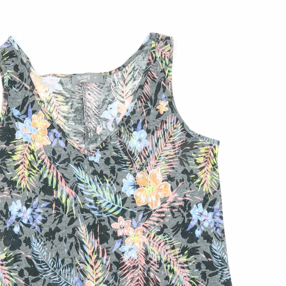 Nutmeg Womens Grey Floral Cotton Basic Tank Size 10 V-Neck
