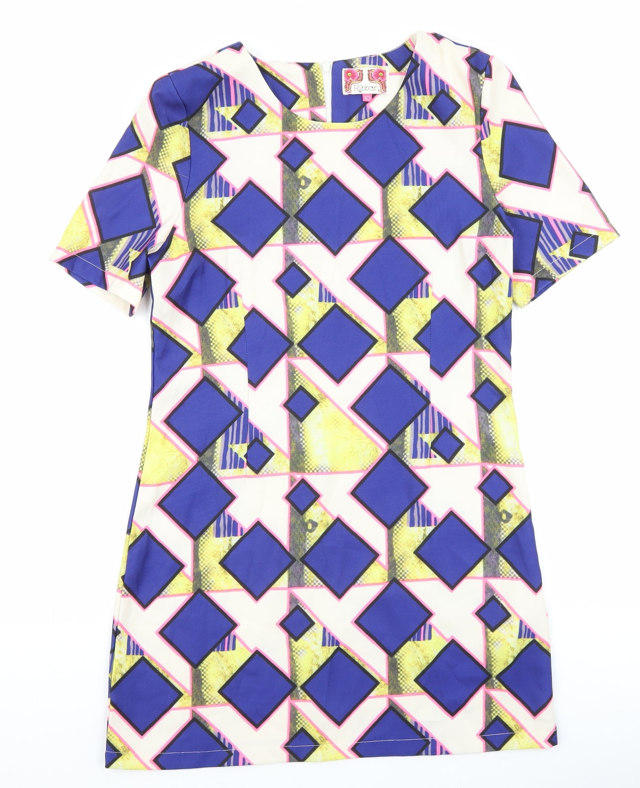 Ribbon Womens Multicoloured Geometric Polyester Shift Size 10 Round Neck Zip