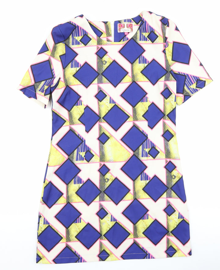 Ribbon Womens Multicoloured Geometric Polyester Shift Size 10 Round Neck Zip