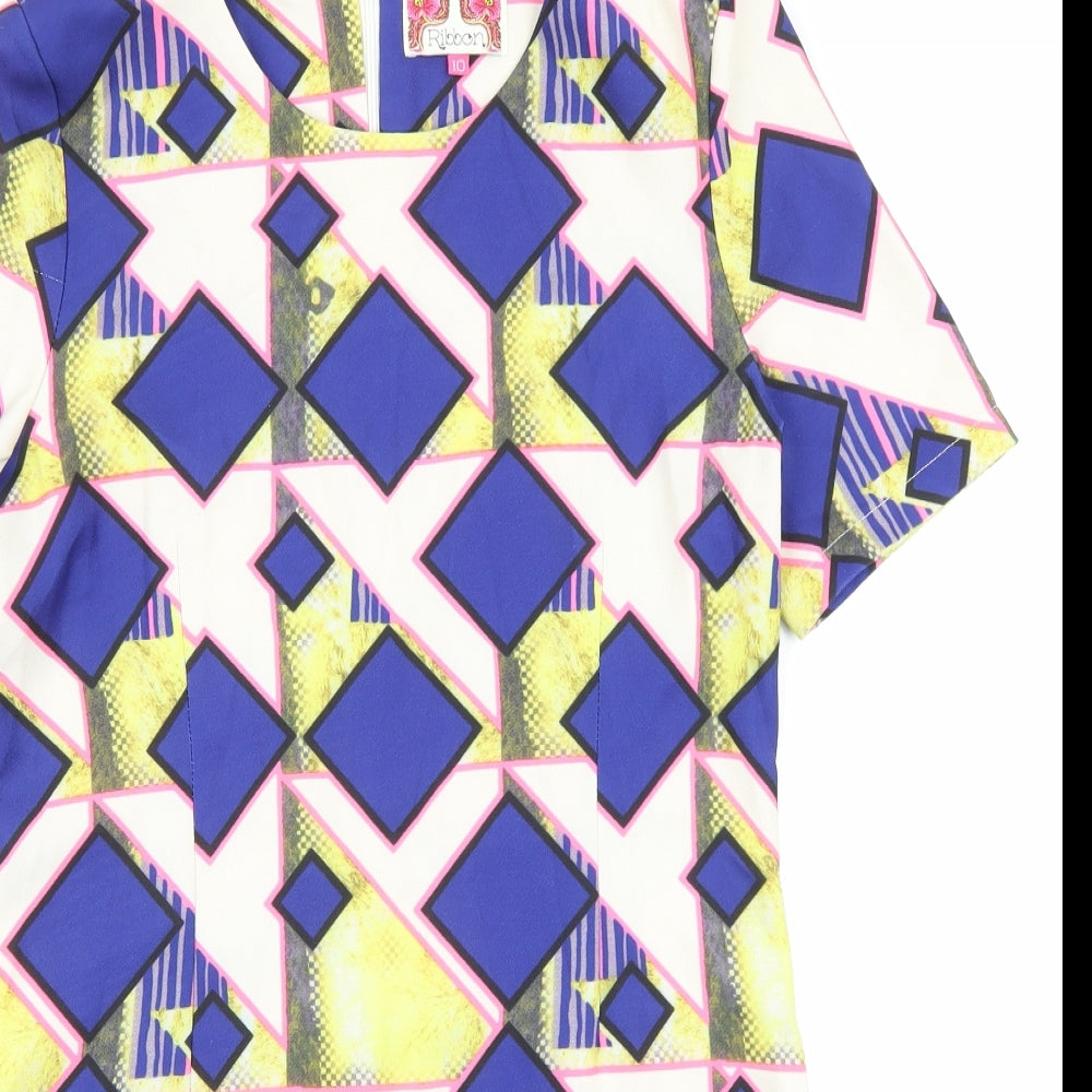 Ribbon Womens Multicoloured Geometric Polyester Shift Size 10 Round Neck Zip
