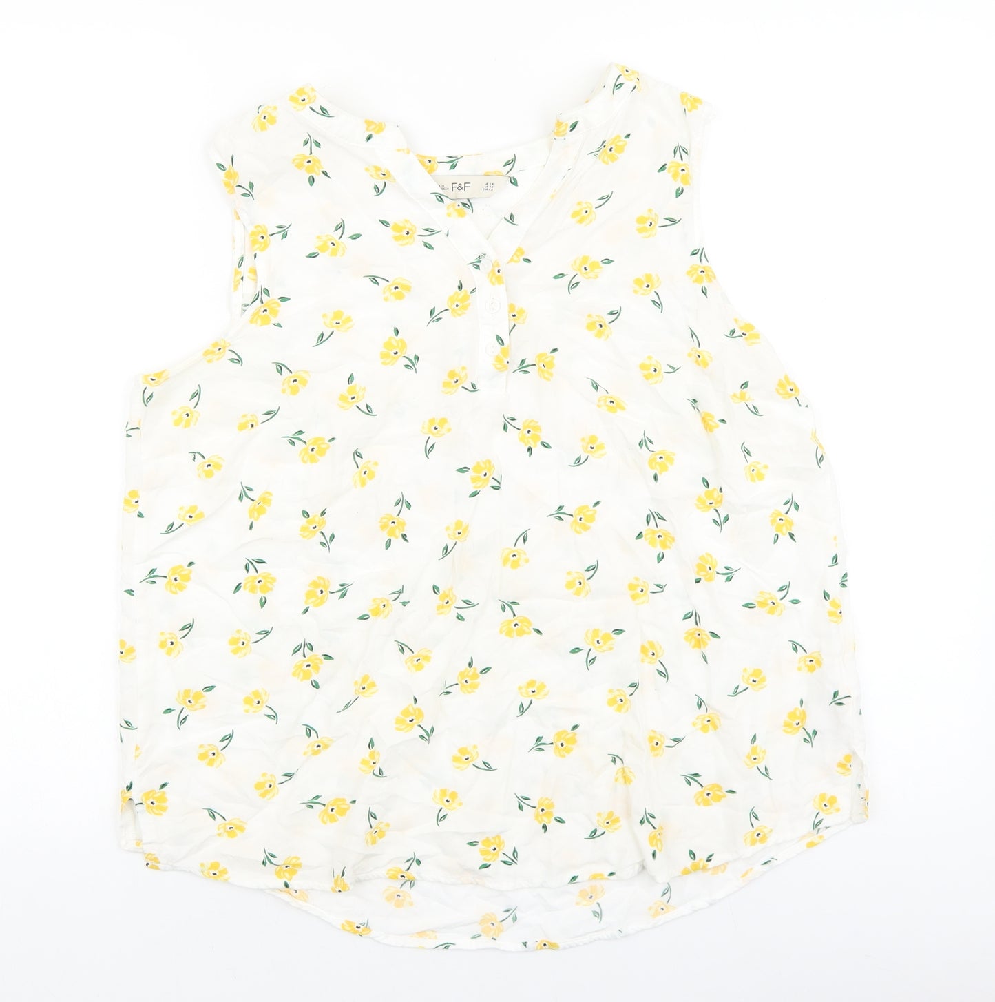 F&F Womens White Floral Viscose Basic Tank Size 14 V-Neck