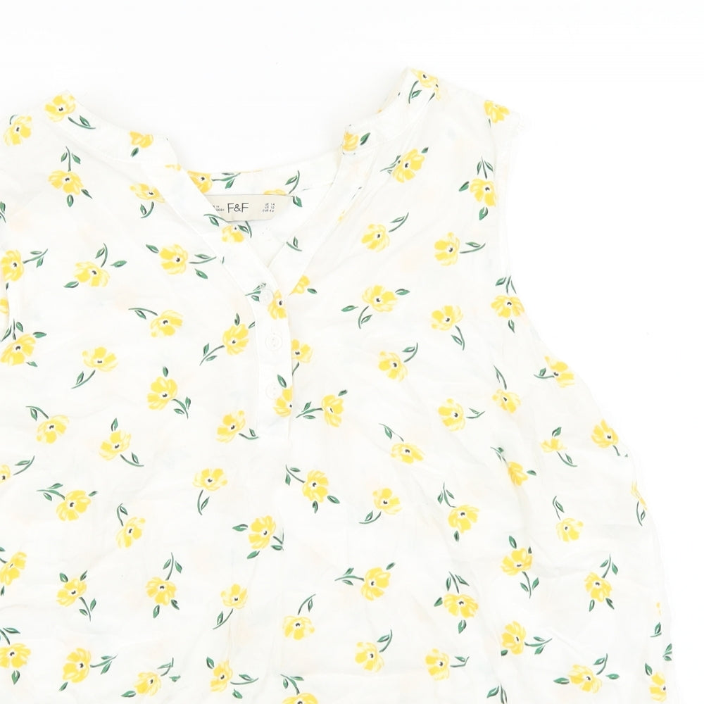 F&F Womens White Floral Viscose Basic Tank Size 14 V-Neck