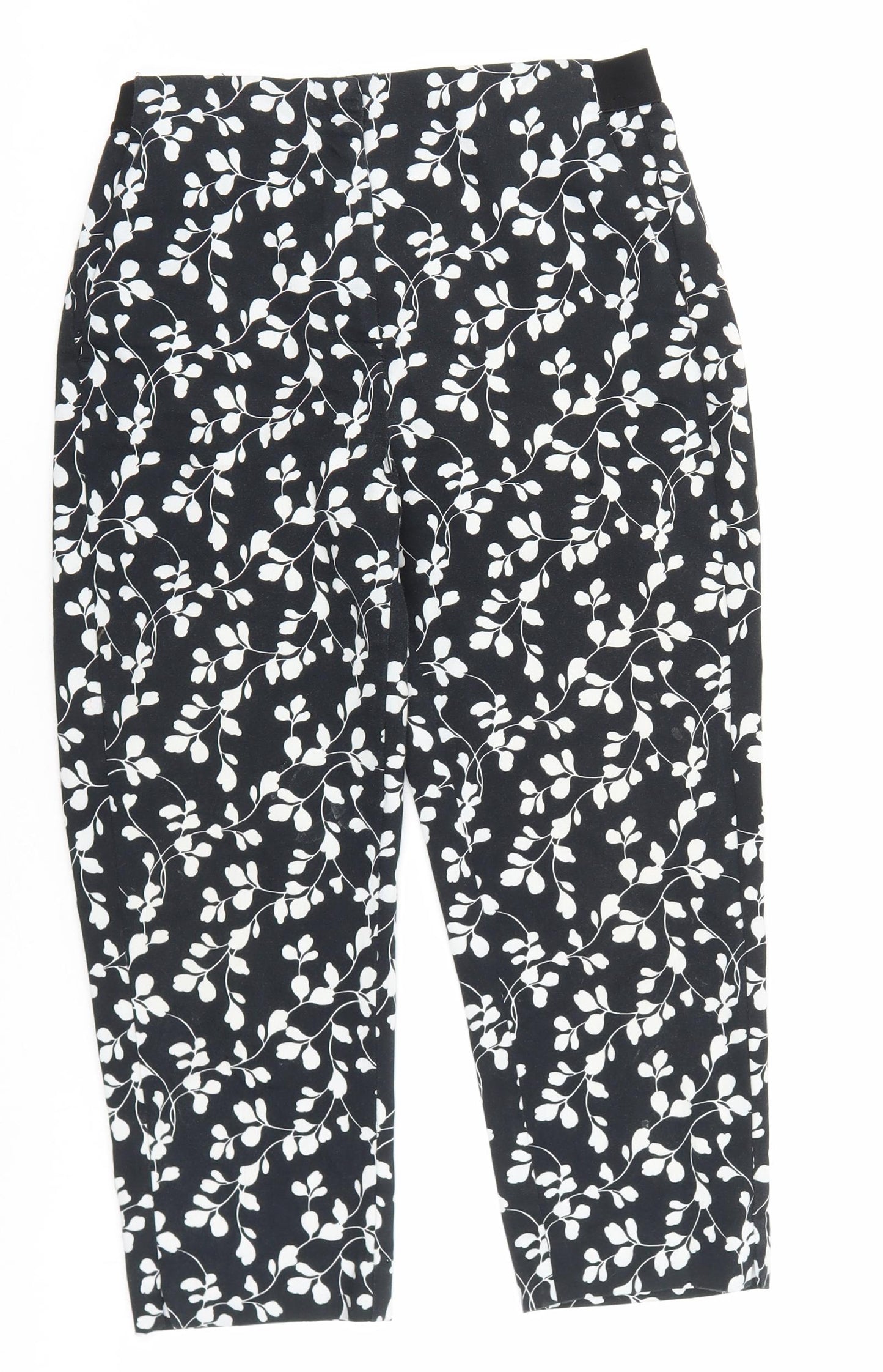 Marks and Spencer Womens Black Floral Cotton Trousers Size 10 L21 in Slim Zip