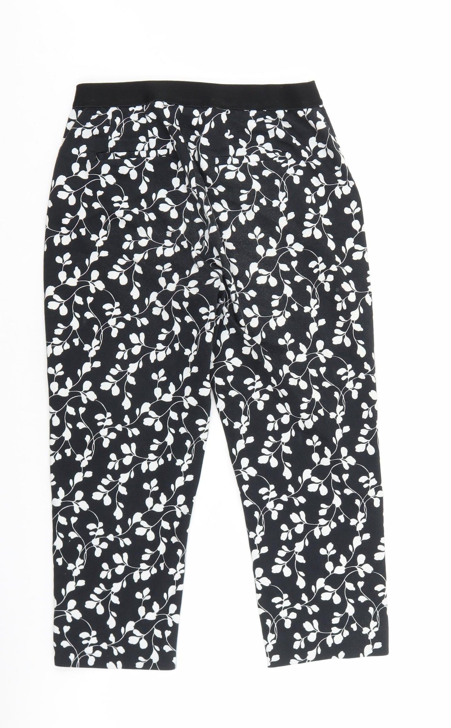 Marks and Spencer Womens Black Floral Cotton Trousers Size 10 L21 in Slim Zip