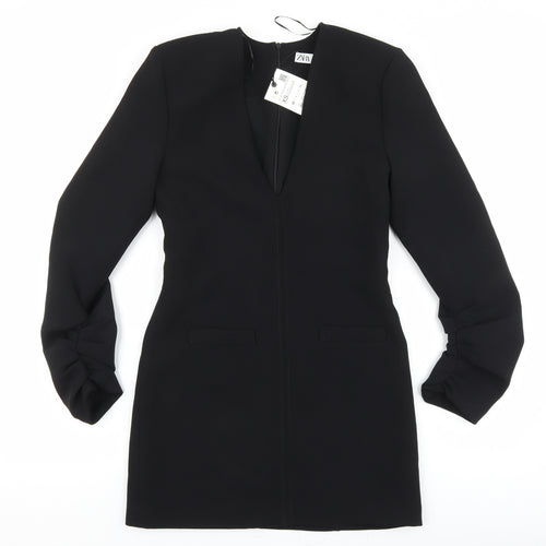 Zara Womens Black Polyester Sheath Size XS V-Neck Zip