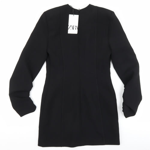 Zara Womens Black Polyester Sheath Size XS V-Neck Zip