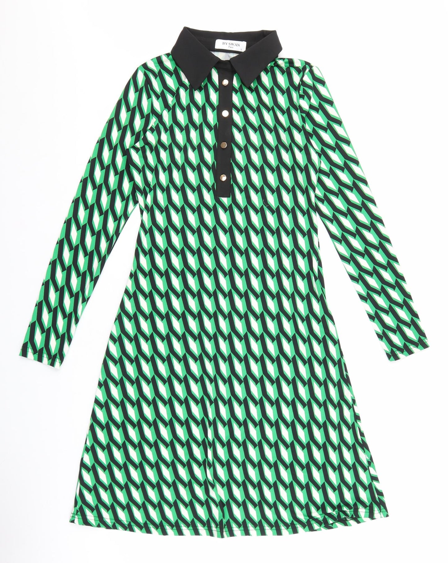 By Swan Womens Green Geometric Viscose Shirt Dress Size S Collared Button