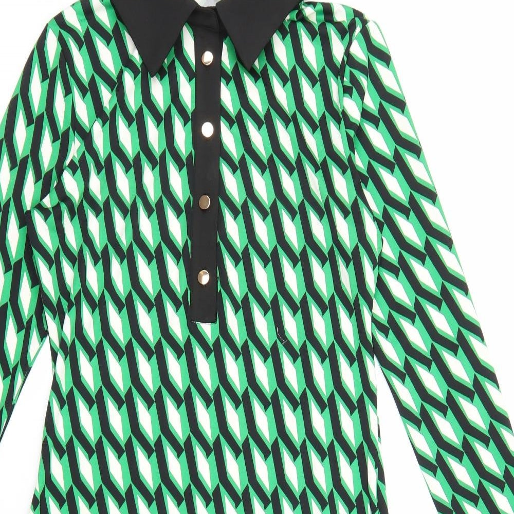 By Swan Womens Green Geometric Viscose Shirt Dress Size S Collared Button