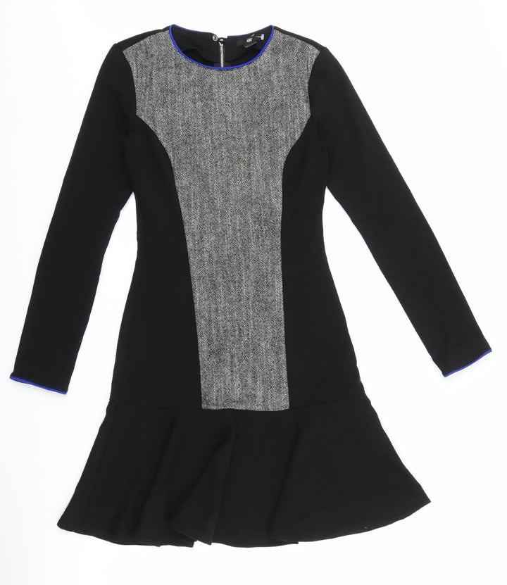 H&M Womens Black Polyester A-Line Size 6 Round Neck Zip