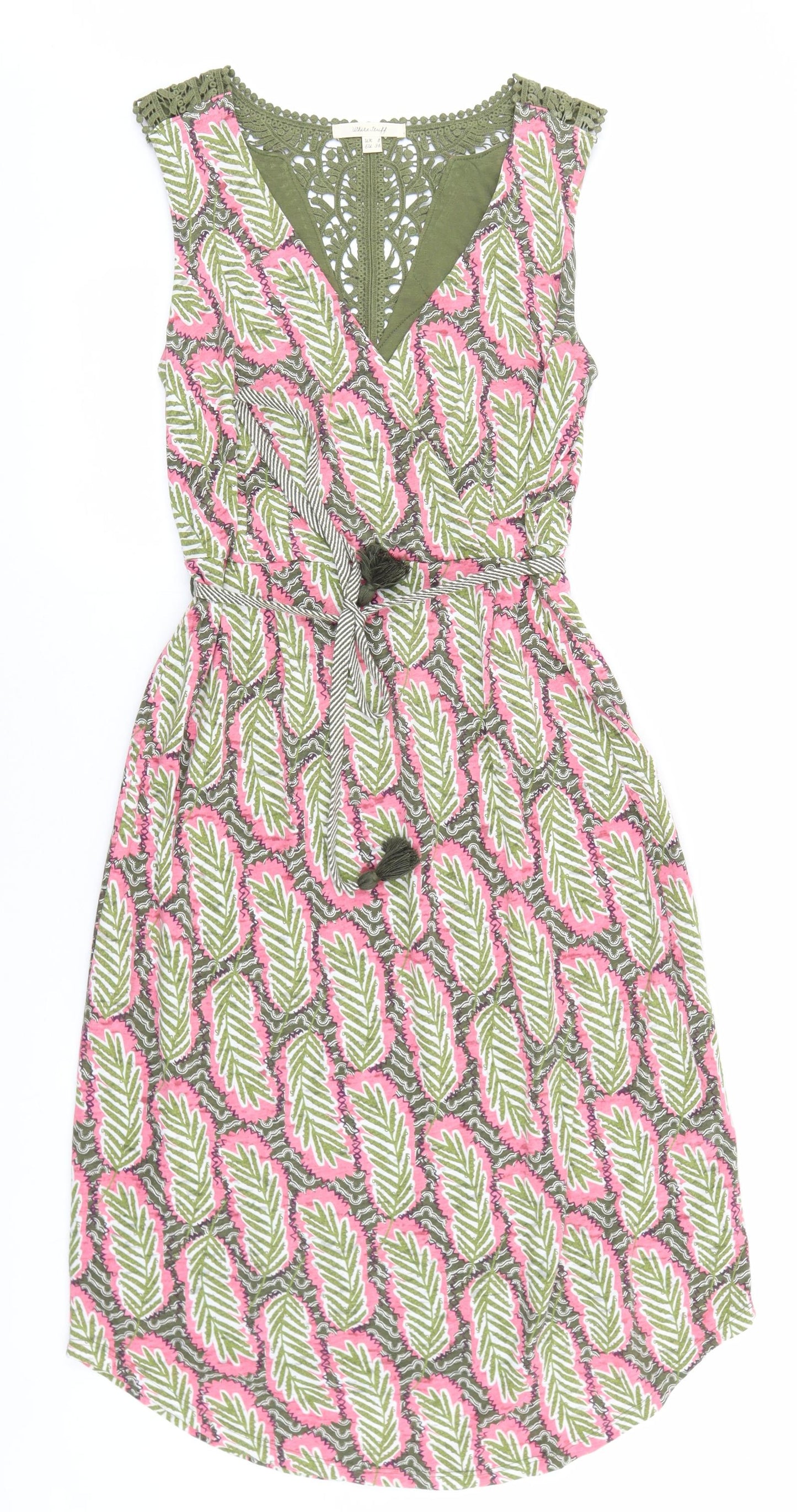 White Stuff Womens Multicoloured Geometric Cotton Fit & Flare Size 8 V-Neck Tie