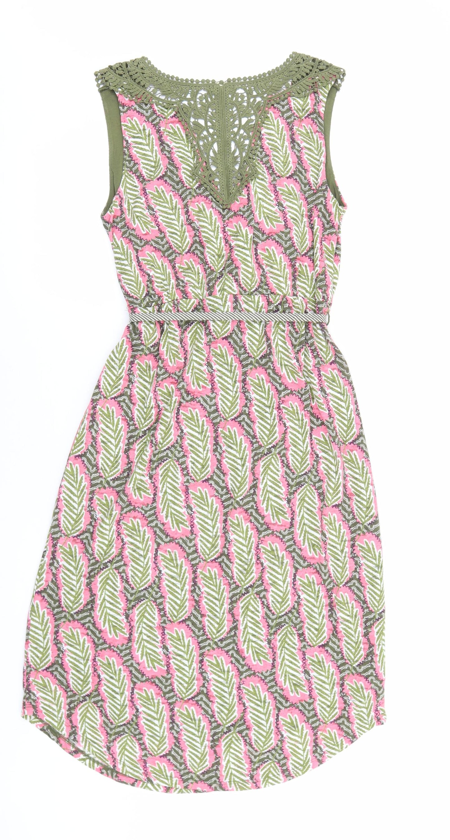White Stuff Womens Multicoloured Geometric Cotton Fit & Flare Size 8 V-Neck Tie