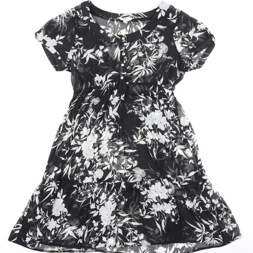 M&Co Womens Black Floral Polyester A-Line Size 10 Boat Neck Button