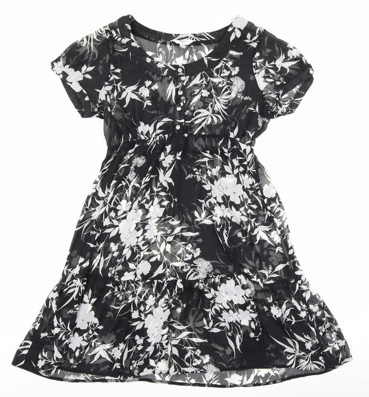 M&Co Womens Black Floral Polyester A-Line Size 10 Boat Neck Button