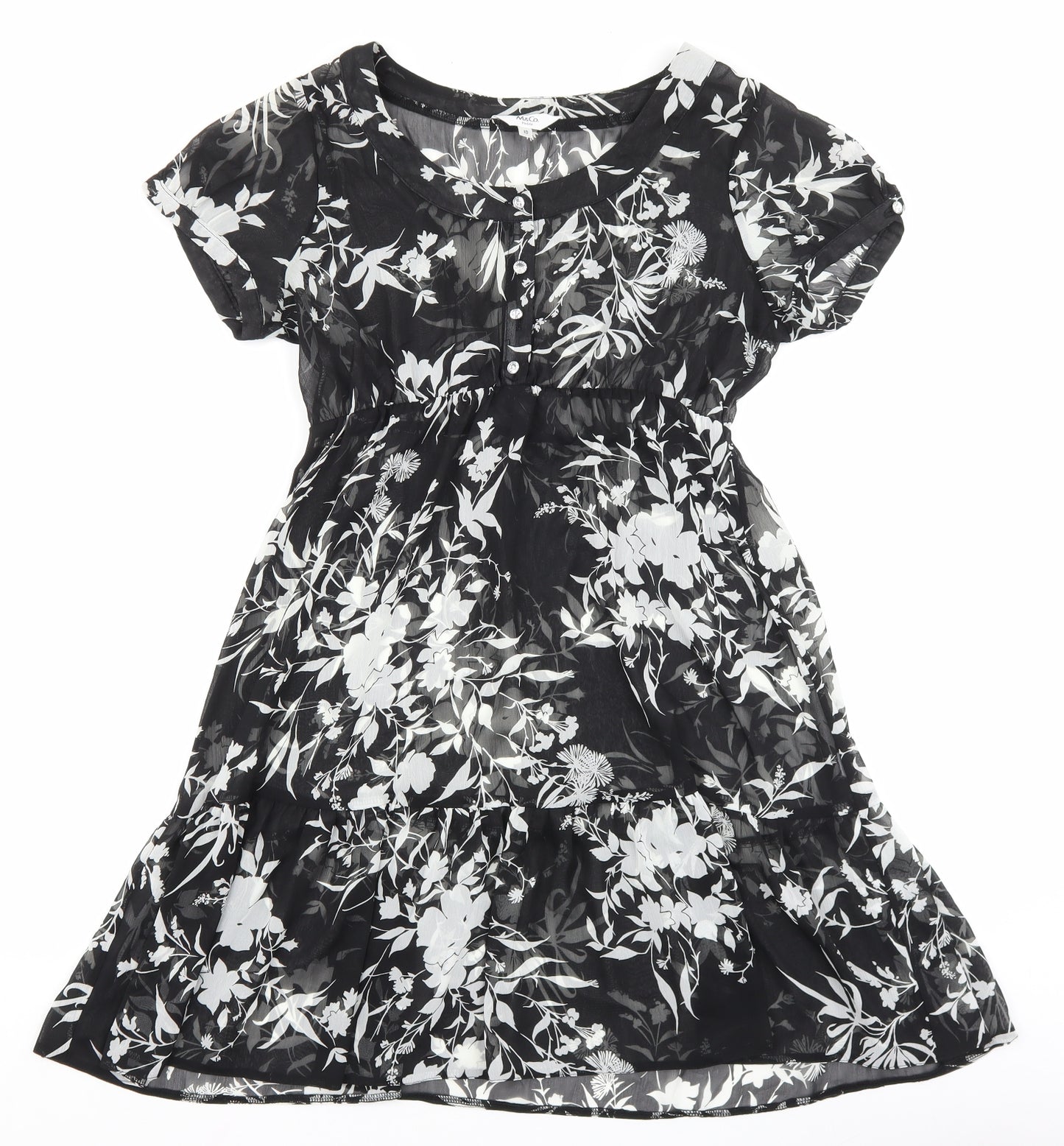 M&Co Womens Black Floral Polyester A-Line Size 10 Boat Neck Button