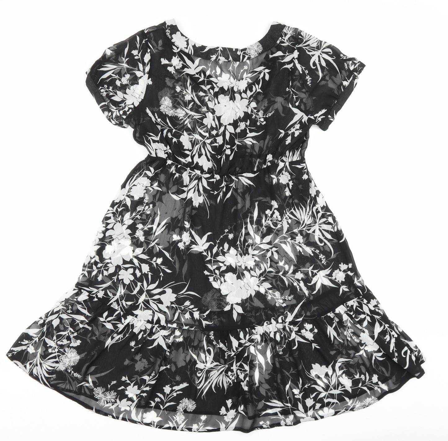 M&Co Womens Black Floral Polyester A-Line Size 10 Boat Neck Button
