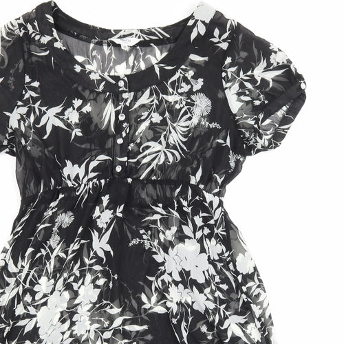 M&Co Womens Black Floral Polyester A-Line Size 10 Boat Neck Button