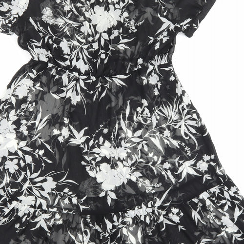 M&Co Womens Black Floral Polyester A-Line Size 10 Boat Neck Button