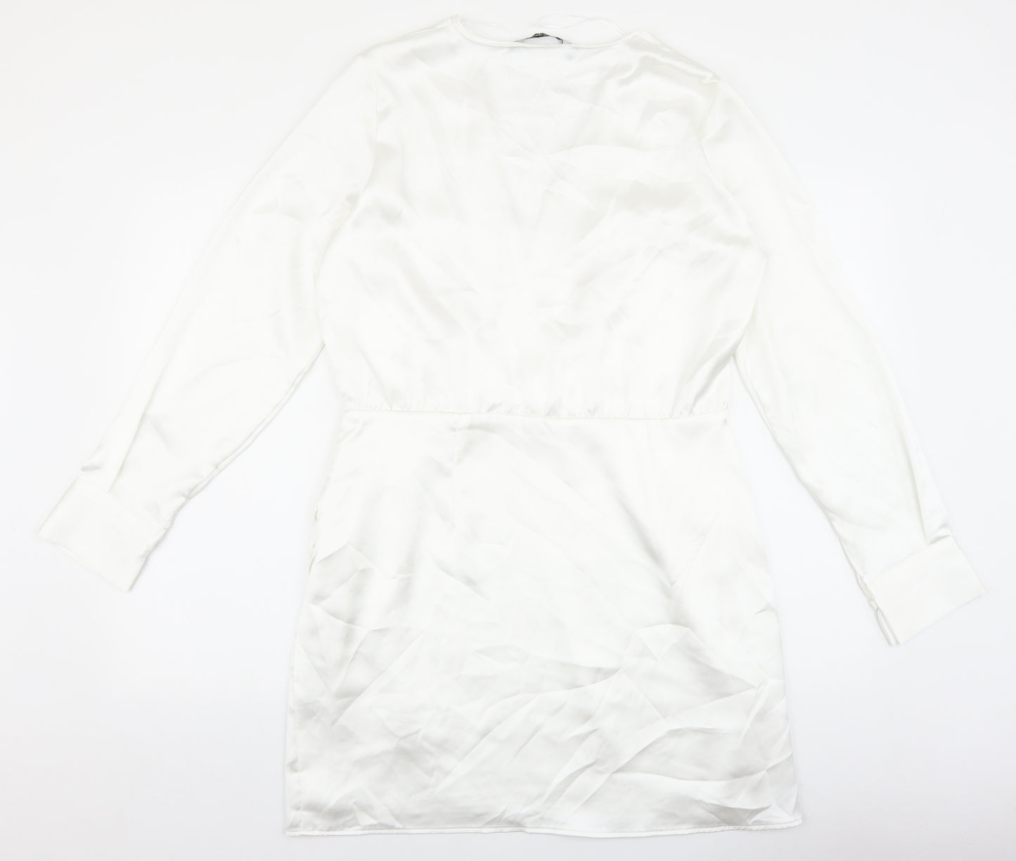 Zara Womens White Herringbone Polyester Pencil Dress Size XL V-Neck Zip