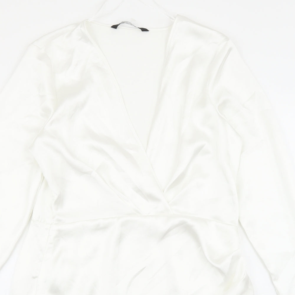 Zara Womens White Herringbone Polyester Pencil Dress Size XL V-Neck Zip