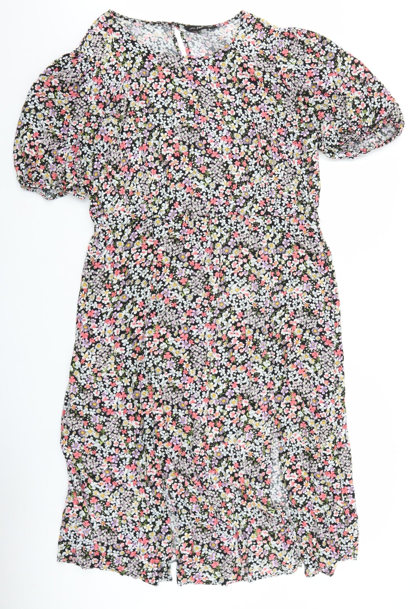F&F Womens Black Floral Viscose A-Line Size 22 Round Neck Button