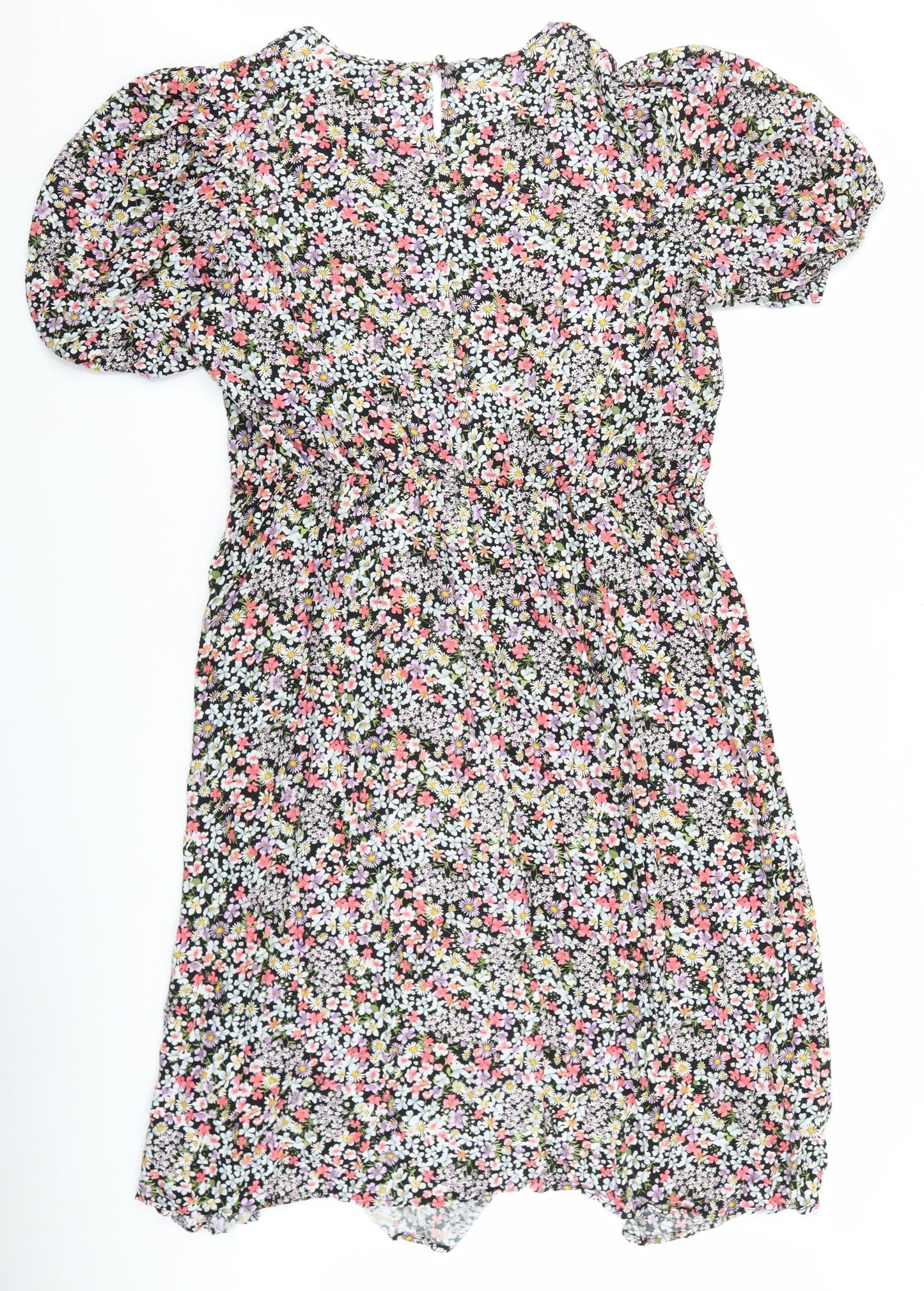 F&F Womens Black Floral Viscose A-Line Size 22 Round Neck Button
