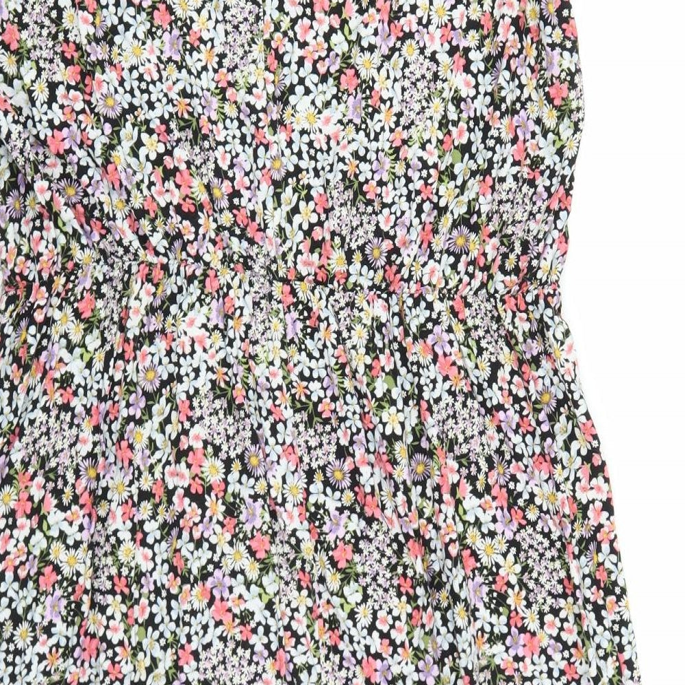 F&F Womens Black Floral Viscose A-Line Size 22 Round Neck Button