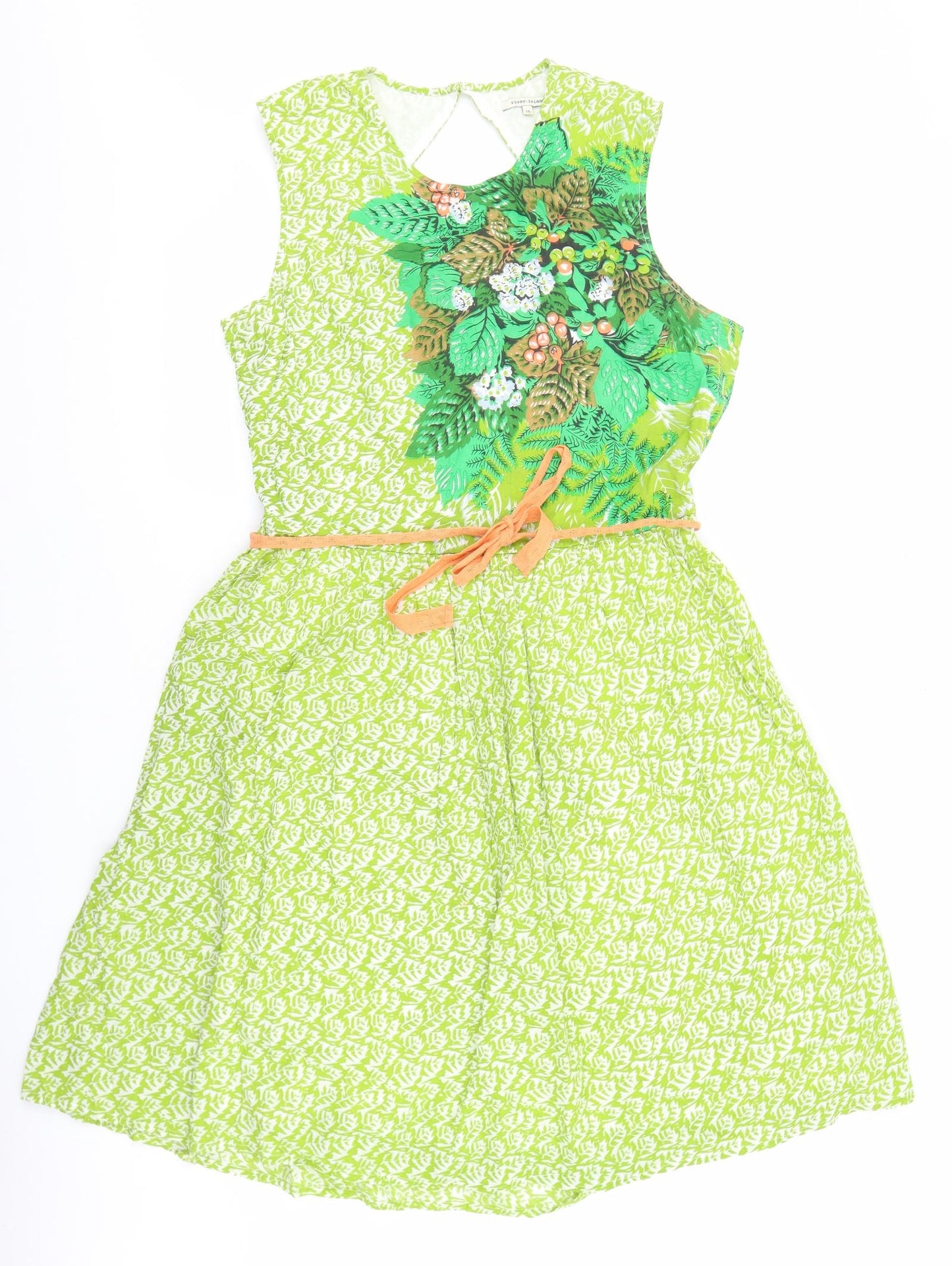 River Island Womens Green Floral Cotton Fit & Flare Size 16 Round Neck Tie