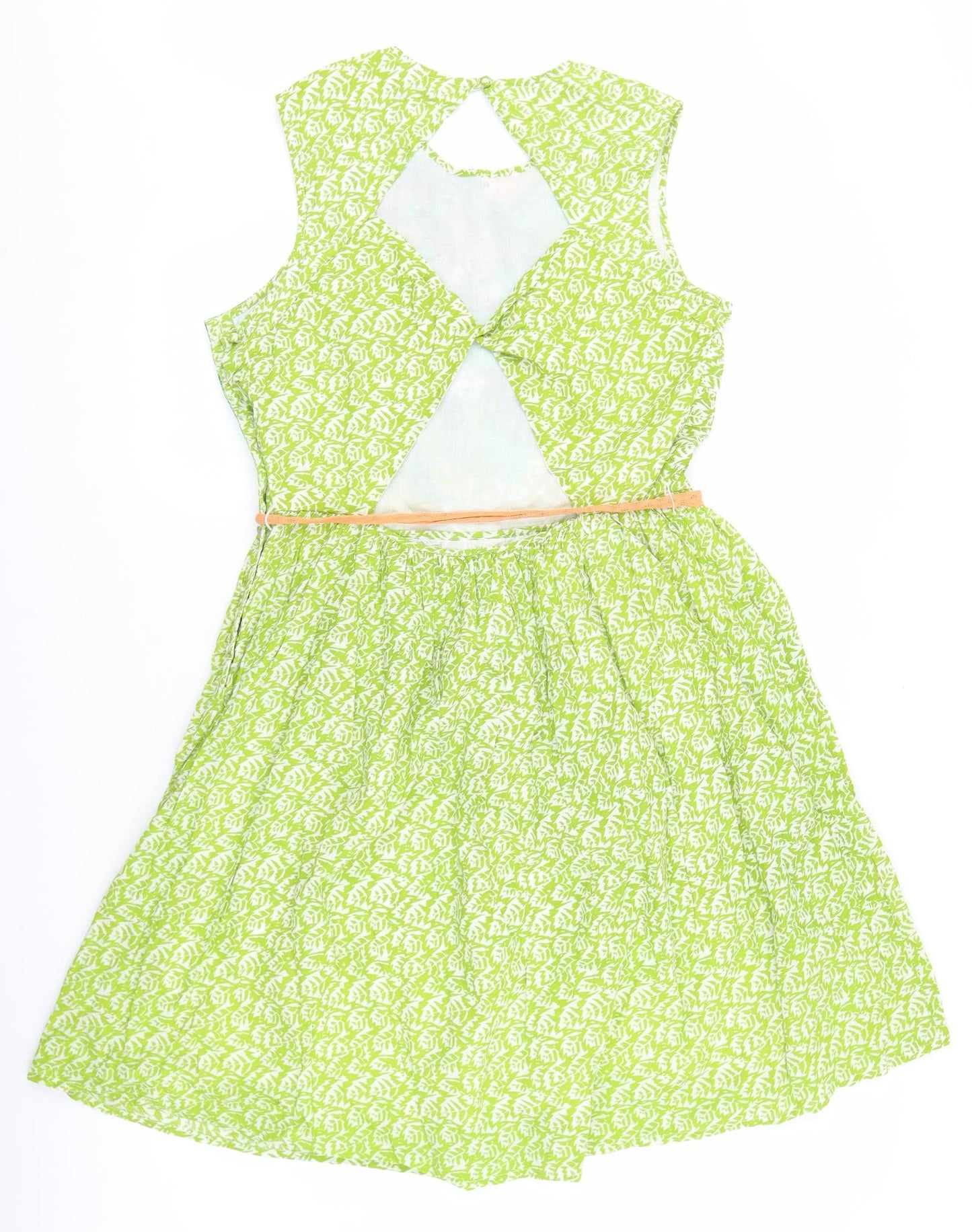 River Island Womens Green Floral Cotton Fit & Flare Size 16 Round Neck Tie