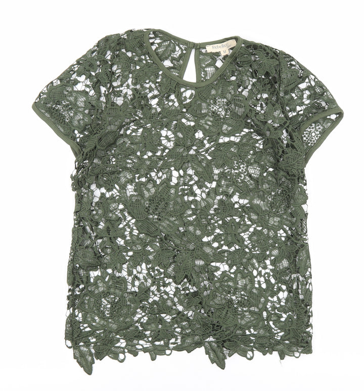 Rebellion Womens Green Floral Cotton Basic T-Shirt Size M Round Neck