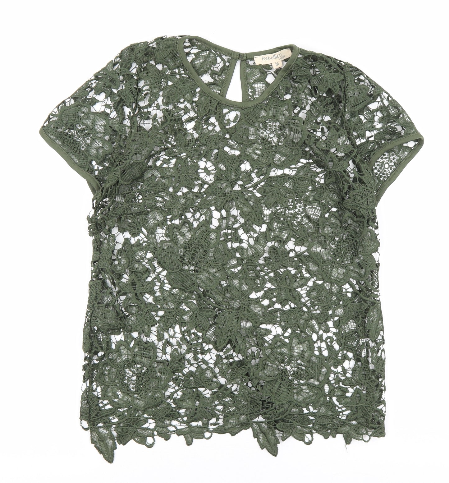 Rebellion Womens Green Floral Cotton Basic T-Shirt Size M Round Neck