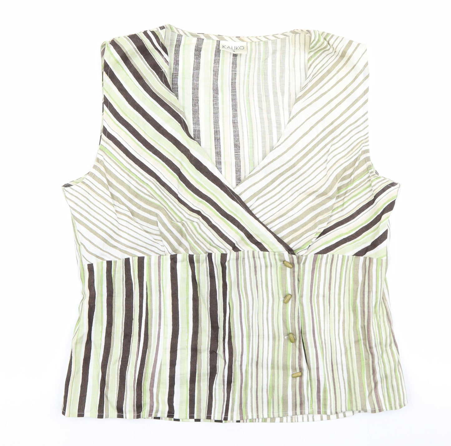Kaliko Womens Green Striped Cotton Basic Blouse Size 14 V-Neck