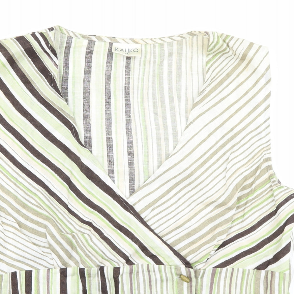 Kaliko Womens Green Striped Cotton Basic Blouse Size 14 V-Neck