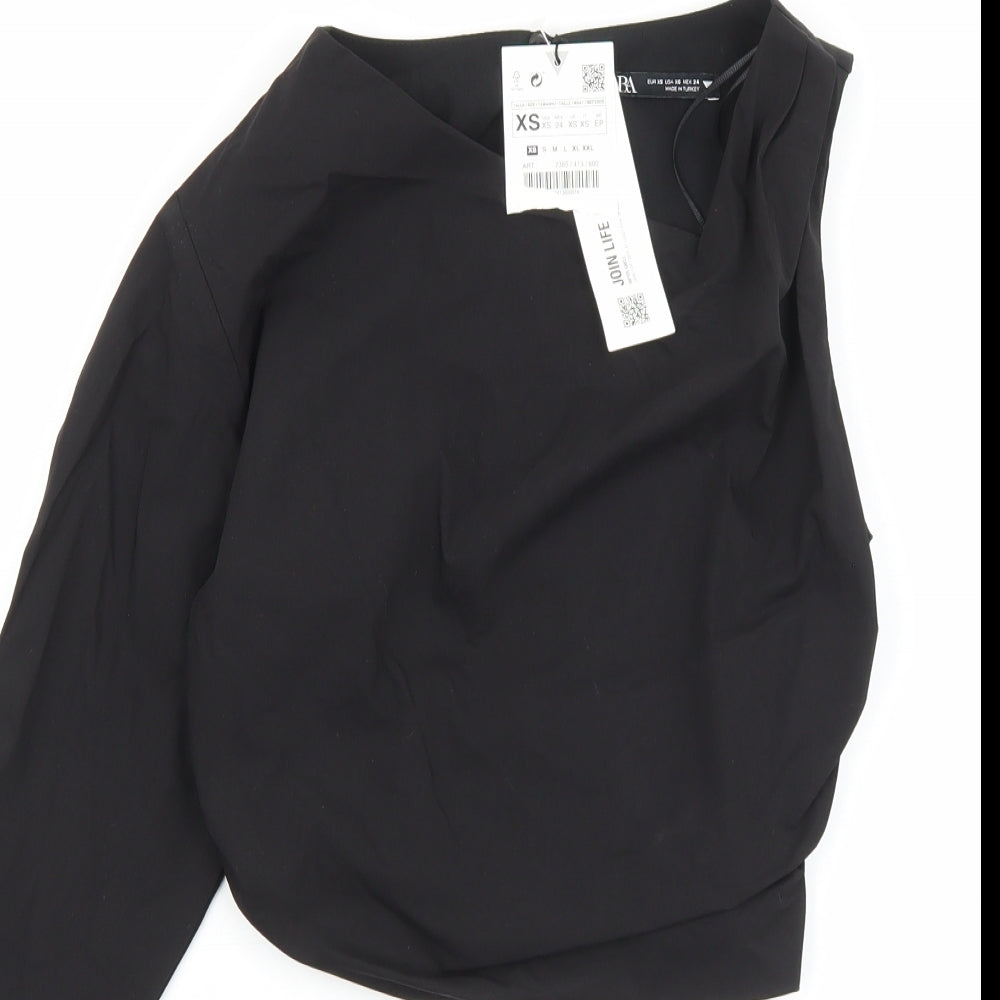 Zara Womens Black Cotton Cropped Blouse Size XS One Shoulder