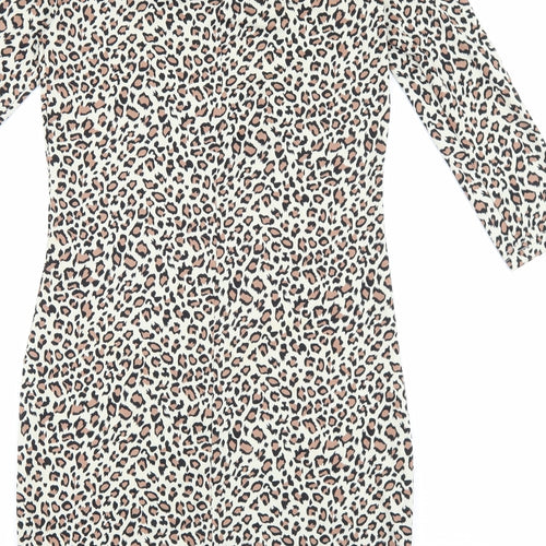 VERO MODA Womens Brown Animal Print Viscose Bodycon Size S Scoop Neck Pullover - Leopard print