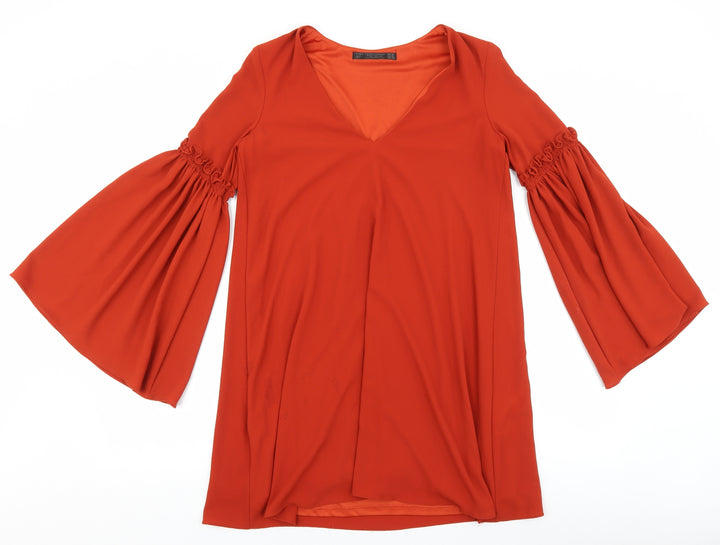 Zara Womens Orange Polyester Shift Size XS V-Neck Pullover