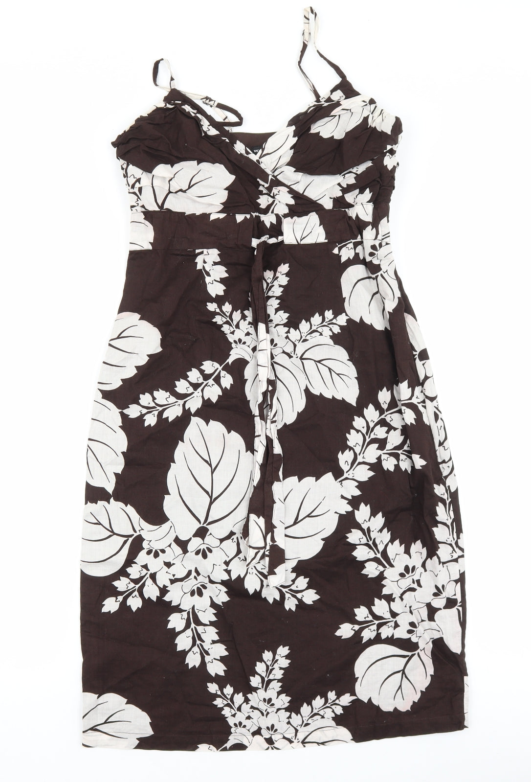 Warehouse Womens Brown Floral Cotton Slip Dress Size 10 V-Neck Zip