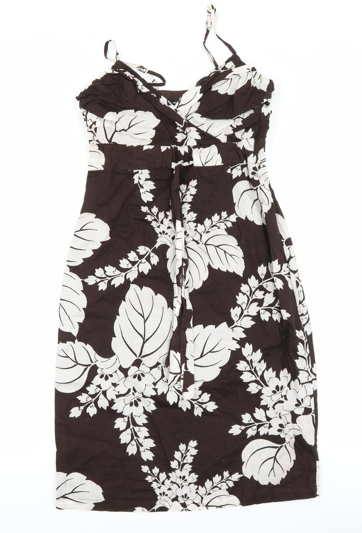 Warehouse Womens Brown Floral Cotton Slip Dress Size 10 V-Neck Zip