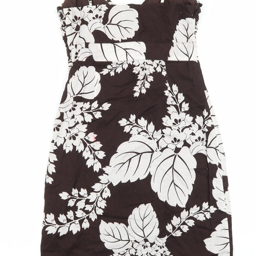 Warehouse Womens Brown Floral Cotton Slip Dress Size 10 V-Neck Zip