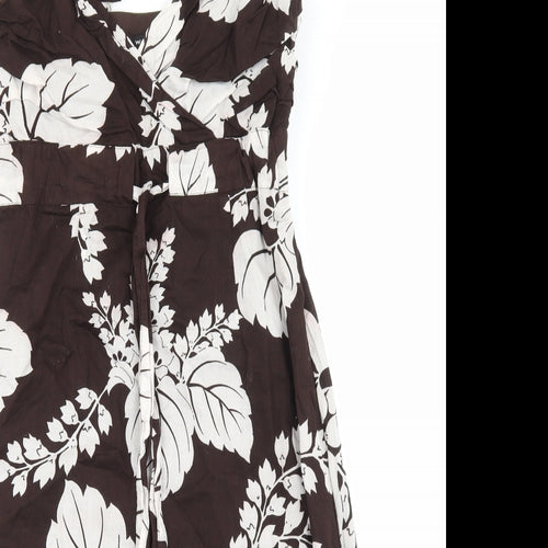 Warehouse Womens Brown Floral Cotton Slip Dress Size 10 V-Neck Zip