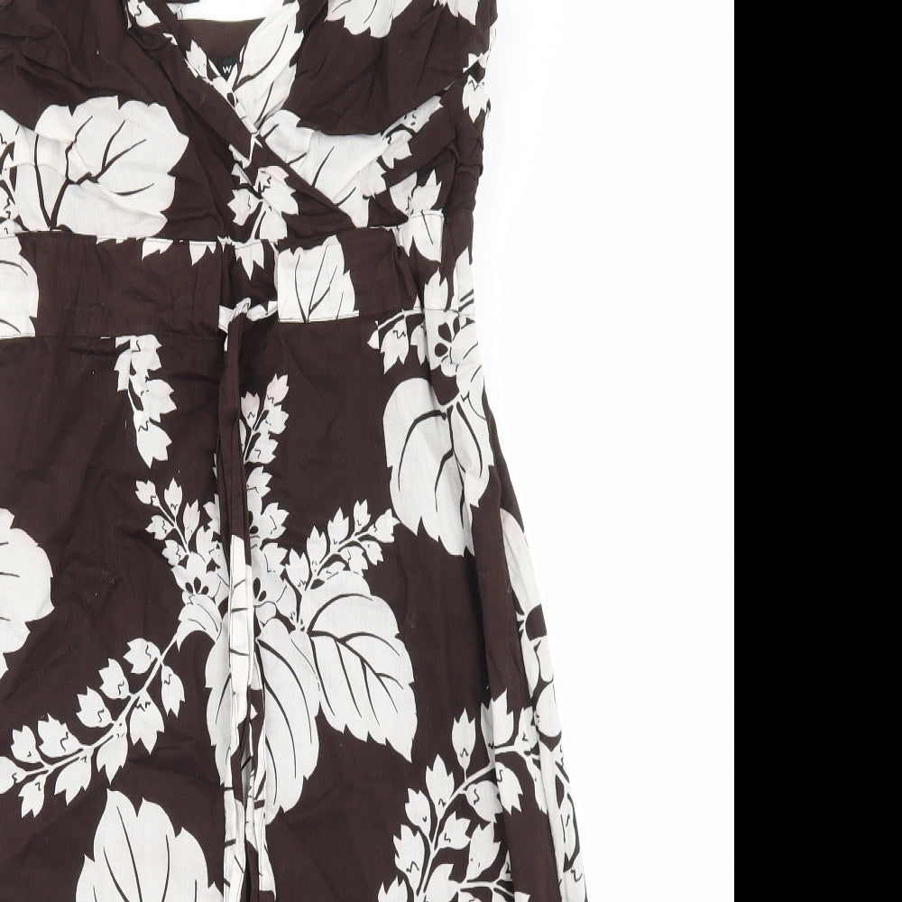 Warehouse Womens Brown Floral Cotton Slip Dress Size 10 V-Neck Zip