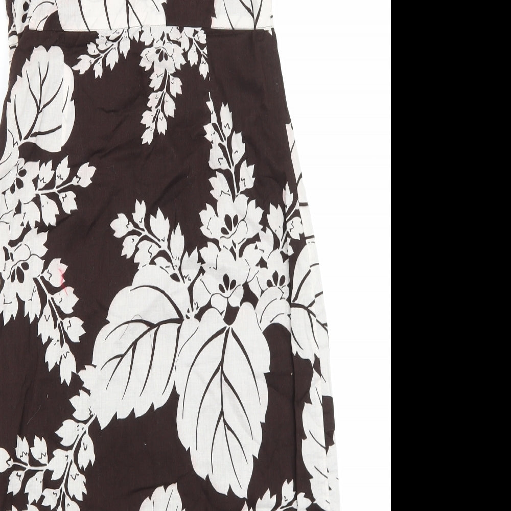 Warehouse Womens Brown Floral Cotton Slip Dress Size 10 V-Neck Zip