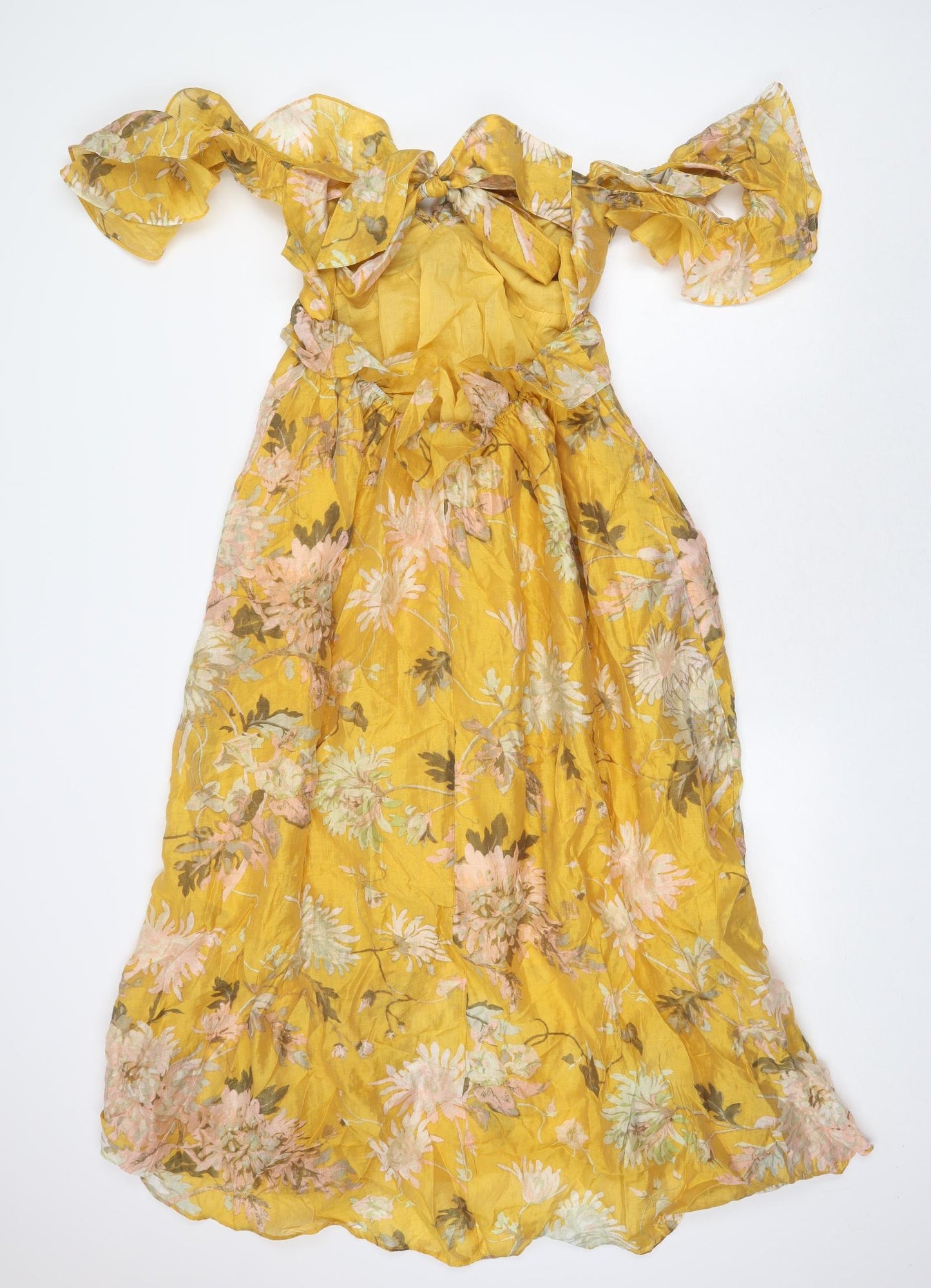 H&M Womens Yellow Floral Lyocell A-Line Size S Off the Shoulder Tie