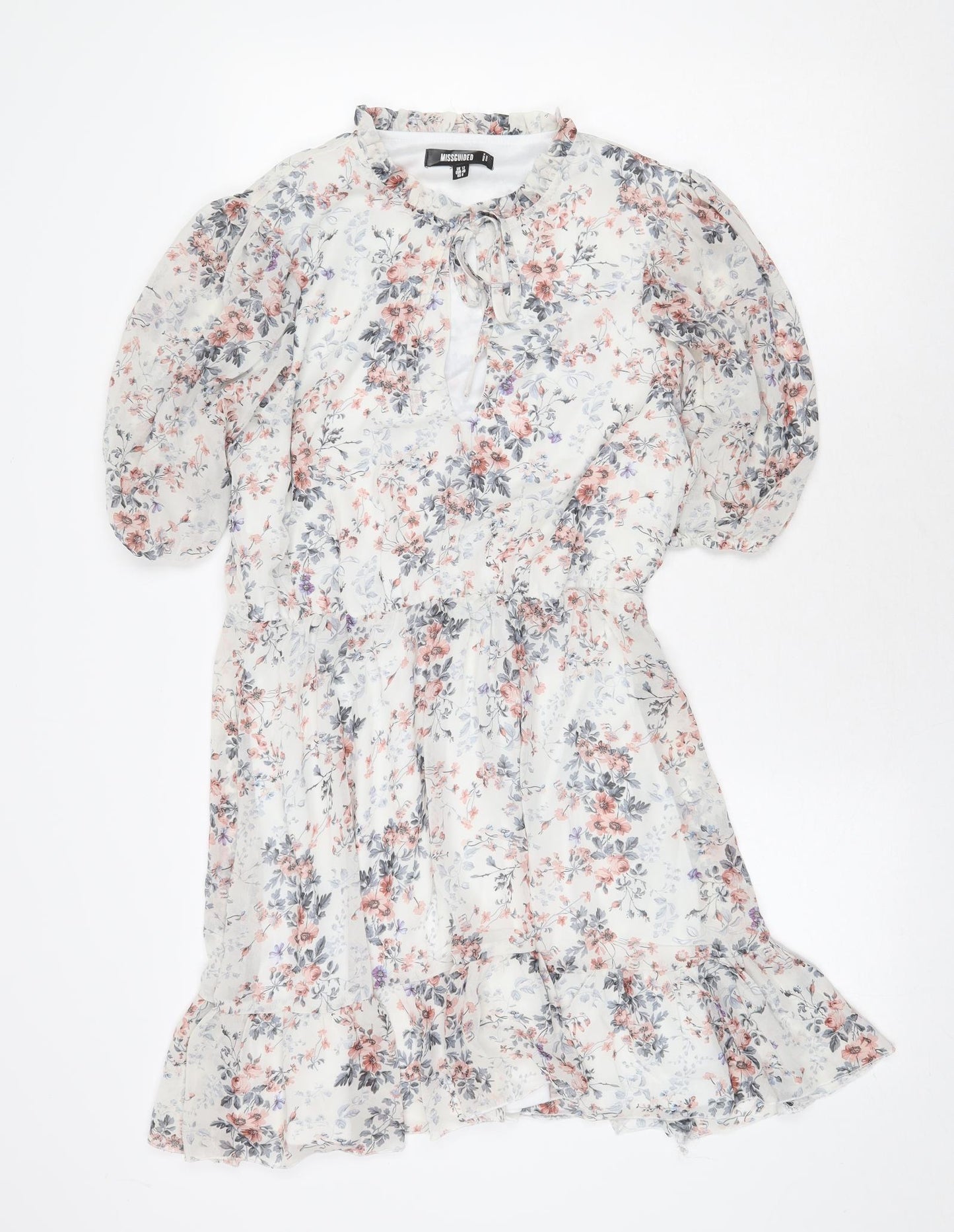 Missguided Womens White Floral Polyester A-Line Size 12 Mock Neck Tie