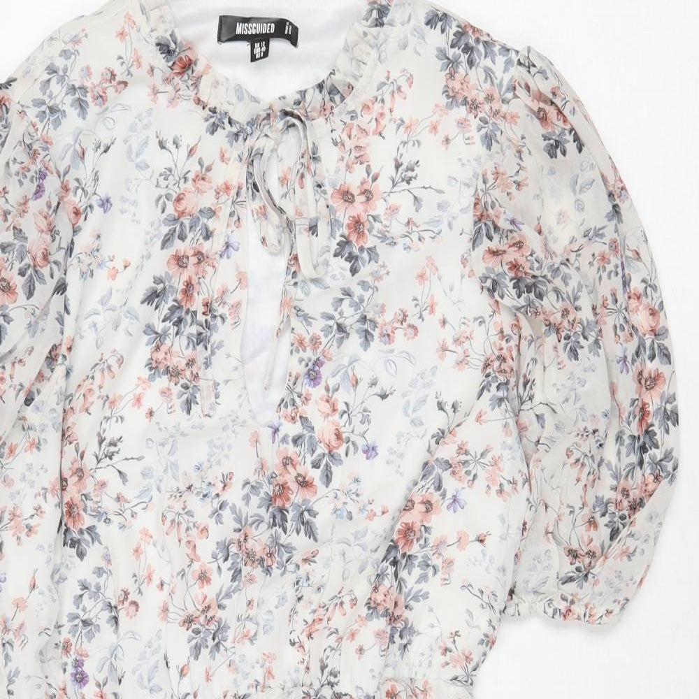 Missguided Womens White Floral Polyester A-Line Size 12 Mock Neck Tie