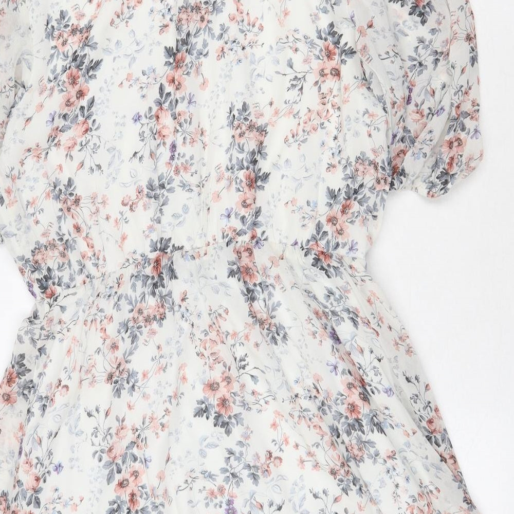 Missguided Womens White Floral Polyester A-Line Size 12 Mock Neck Tie