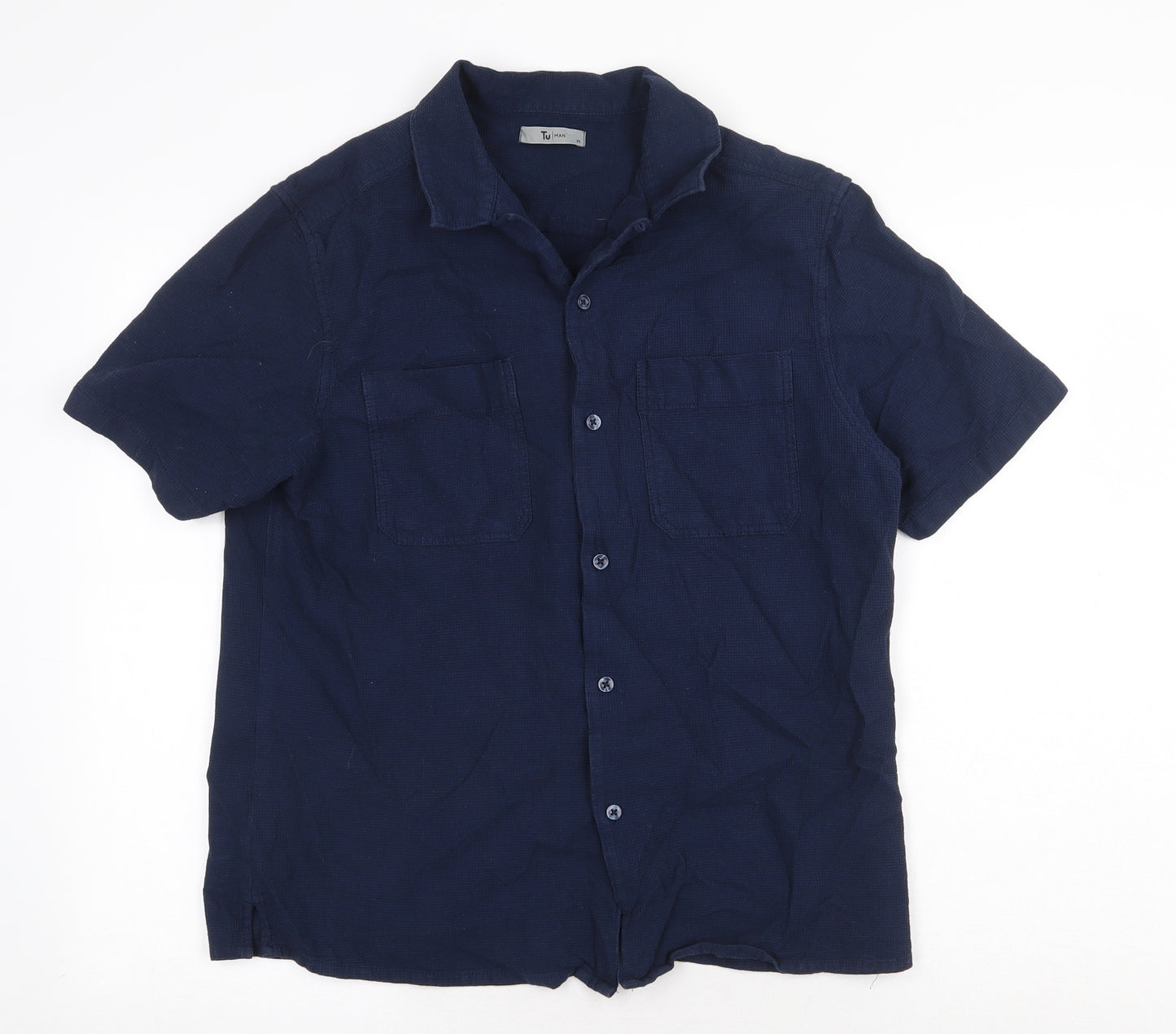 TU Mens Blue Cotton Button-Up Size M Collared Button
